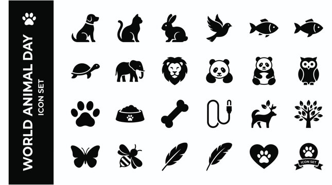 World Animal Day Line Icon Set &mdash; Pet and Wildlife Filled Icons for Conservation and Adoption