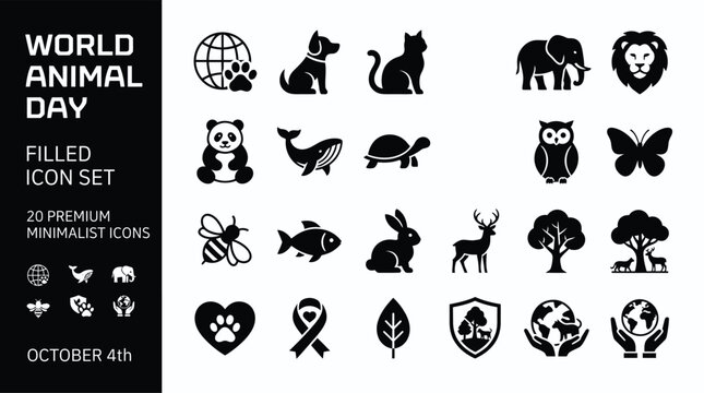 World Animal Day Line Icon Set &mdash; Pet and Wildlife Filled Icons for Conservation and Adoption