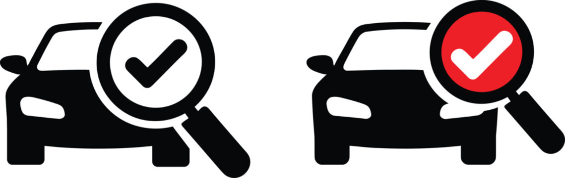 Car inspection icons with approval and rejection symbols under magnifying glasses