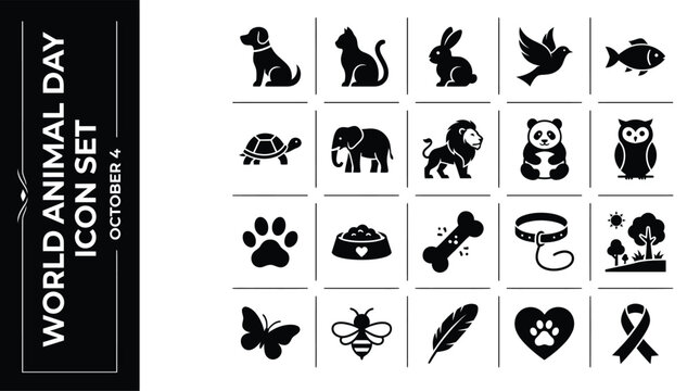 World Animal Day Line Icon Set &mdash; Pet and Wildlife Filled Icons for Conservation and Adoption