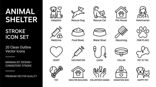 Animal Shelter Icon Set | Pet Rescue & Care Outline Stroke Vector Icons