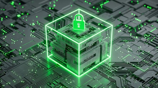 Futuristic glowing green digital lock over binary code background security green glow data protection
