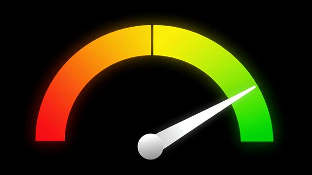 Wide rainbow gradient arc gauge with white pointer.