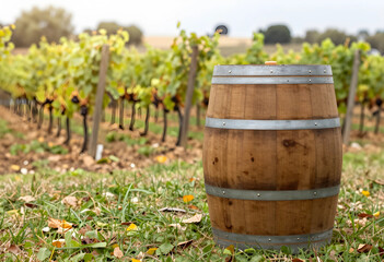 Obraz premium Wooden wine barrel in a vineyard with green grapevines and autumn leaves on the ground winemaking and agriculture