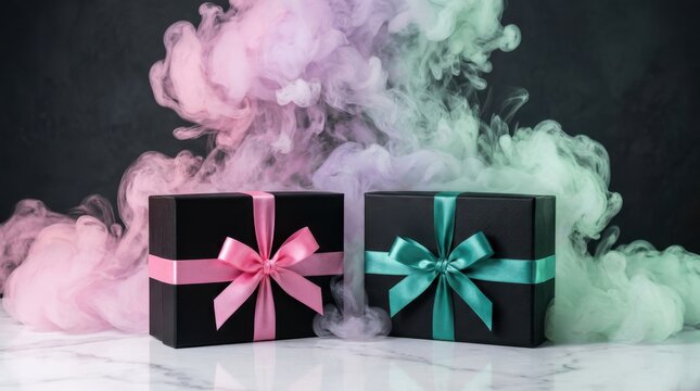 Black gift boxes with colorful smoke. Holiday presents with pink and teal ribbons.