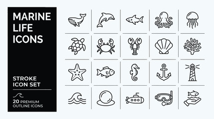 Marine Life Stroke Icon Set   Minimal Line Icons of Ocean Animals & Nautical Symbols © Faima
