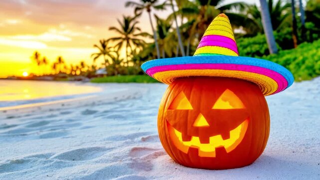 Carved pumpkin wearing colorful sombrero on sandy beach at sunset. Halloween holiday celebration in tropical resort. Exotic festive decoration for vacation theme.