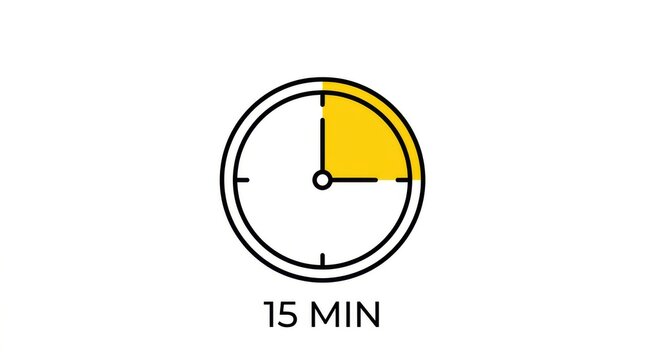 Fifteen minute timer icon. Clock symbol representing a quarter hour duration.