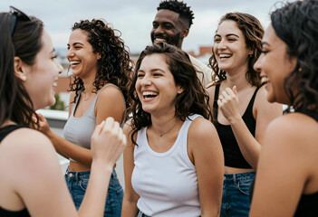 Obraz premium Diverse group of happy young adults laughing together outdoors, friendship and social connection concept, the group includes men and women of various ethnicities