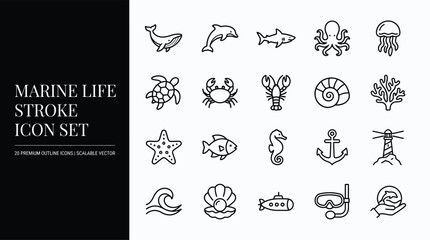 Marine Life Stroke Icon Set   Minimal Line Icons of Ocean Animals & Nautical Symbols © Faima