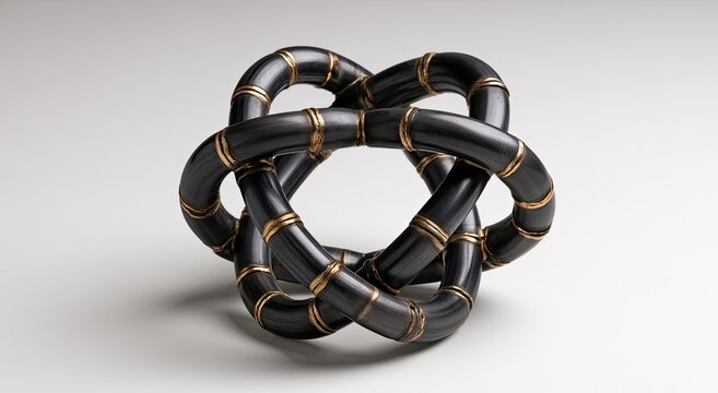 Intricate black and gold interlaced tubular structure, abstract geometric sculpture