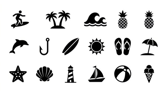 Summer beach icons set. Tropical vacation symbols and nautical elements collection.