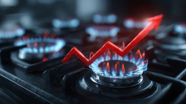 The hidden fees: behind the natural gas price climb. High-class shoot. Economic pressures: dynamic image of gas burner and arrow unveiled. Designer fashion. Glam lookbook.