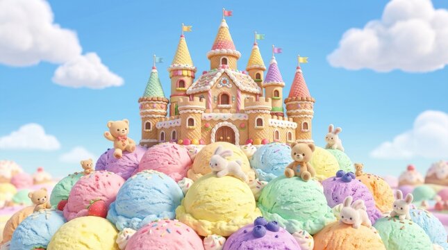 Fantasy candy castle on ice cream hill. Magical dessert palace with colorful scoops.