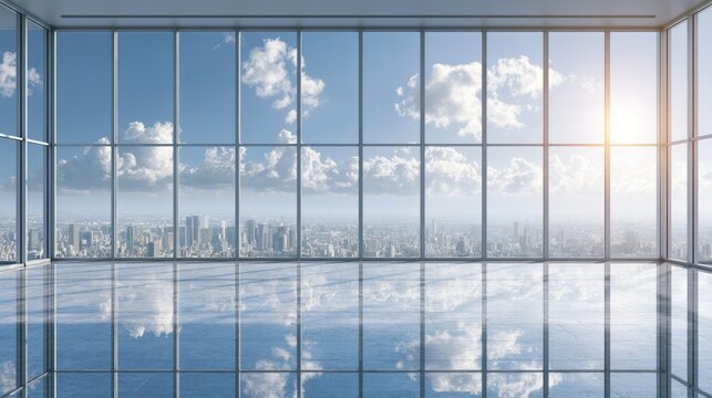 Vast empty interior with panoramic windows overlooking a city skyline and sky
