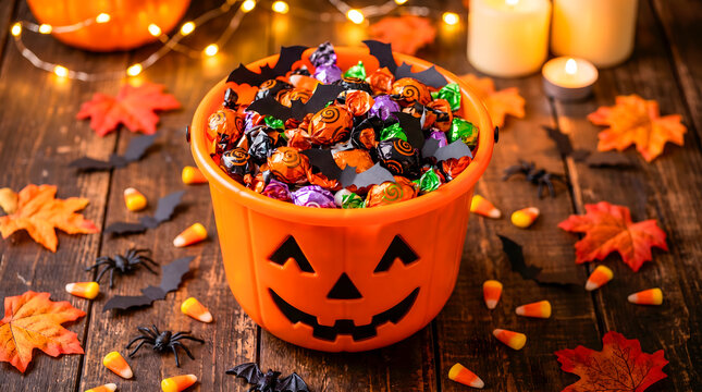 Orange pumpkin bucket filled with assorted Halloween candies and decorations on a rustic wooden table.