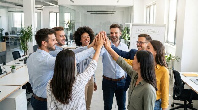 Diverse business team stacking hands in office. Corporate group celebrating success together.