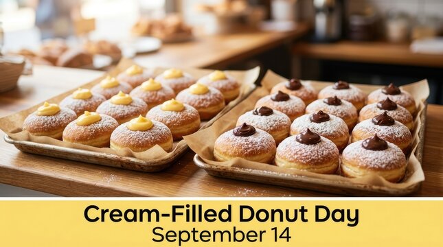 Fresh cream-filled donuts on bakery trays. Delicious pastries with custard and chocolate.