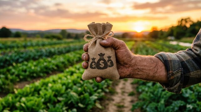Farmer holding a sack of seeds. Agricultural worker with organic grain in a field.