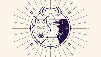 Obraz premium Wolf and raven united in symmetrical sacred geometry – Suitable for mystical logo design, boho tattoo art, or spiritual animal emblem.