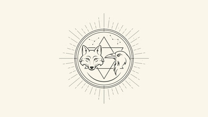 Obraz premium Symmetrical wolf and raven emblem in sacred geometry – Ideal for sacred geometry graphics, mystical tattoo art, or wildlife emblems.