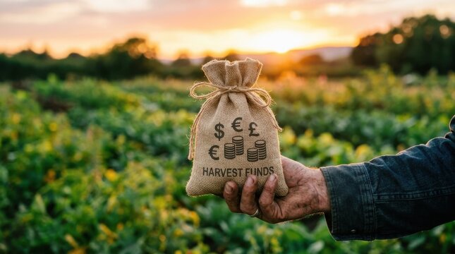 Farmer holding a sack of grain. Hand with burlap bag of harvested crops in a field.