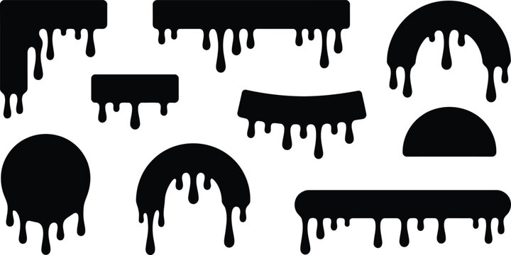 Set of black liquid drips and melting shapes isolated on white background for creative graphic design and decoration