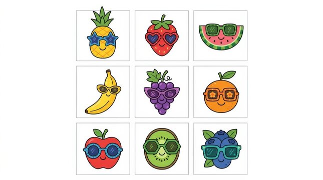 Cute fruits wearing sunglasses. Funny summer food characters with cool eyewear icons.