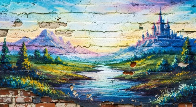 Colorful mural painting of a fantasy castle landscape on a weathered rustic brick wall surface