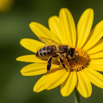 Macro shot of a honey bee collecting pollen on a bright yellow daisy flower in a sunny garden