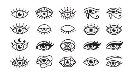 Fototapeta premium Collection of diverse eye icons and mystical symbols in black and white line art