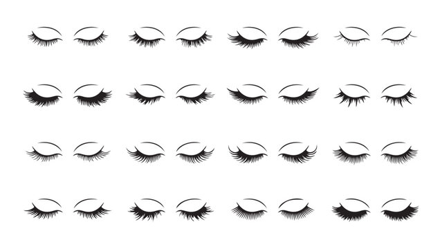 Set of Various Eyelash Extension Styles and Closed Eyes Vector Illustration