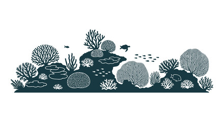 Coral reef scene with marine life dark teal silhouette © raisa