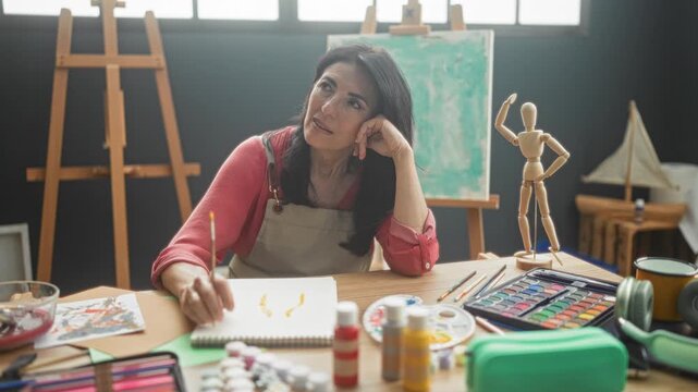Woman painter in studio wearing apron painting with brush on paper at table, hand to cheek and thoughtful gaze toward canvas; contemplation.