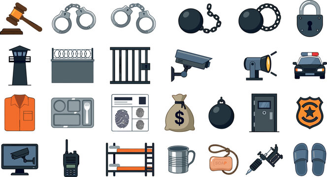Prison and law enforcement vector icon set featuring handcuffs gavel police car and jail cell elements.