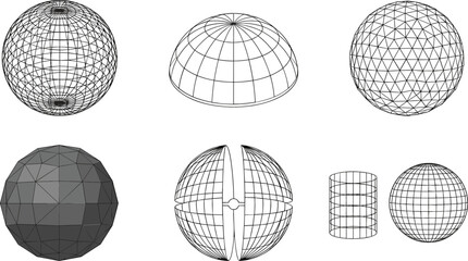 Three Dimensional Geometric Wireframe Sphere and Dome Vector Icon Set with Polyhedral Mesh Geodesic Grid and Globe Projection Diagrams for 3D Modeling Designs © MdMohsin