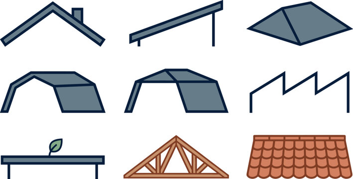 Roof types vector icon set featuring house roofing profiles, architectural structural shapes, wooden timber trusses, ceramic clay tiles, and industrial factory building structures.