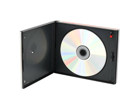 Open CD jewel case with a blank iridescent compact disc inside showing a reflective holographic surface against a solid black background
