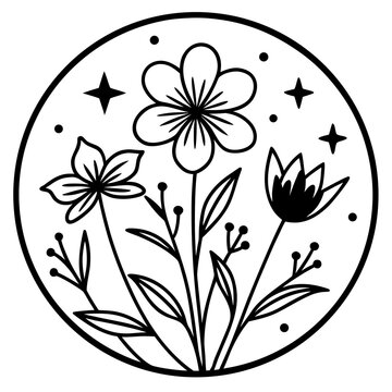 2027 modern line art vector featuring elegant blooming wildflowers with flowing botanical stems, minimal geometric accents, fine black monoline strokes, symmetrical circular composition, clean 