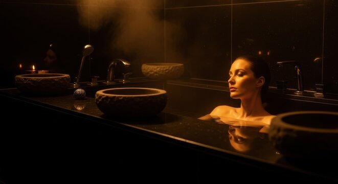 Serene Woman Relaxes In A Steamy Luxury Bath Evoking Tranquility