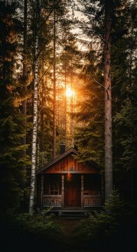 Serene Wooden Cabin Nestled Amidst Majestic Forest Sunlight