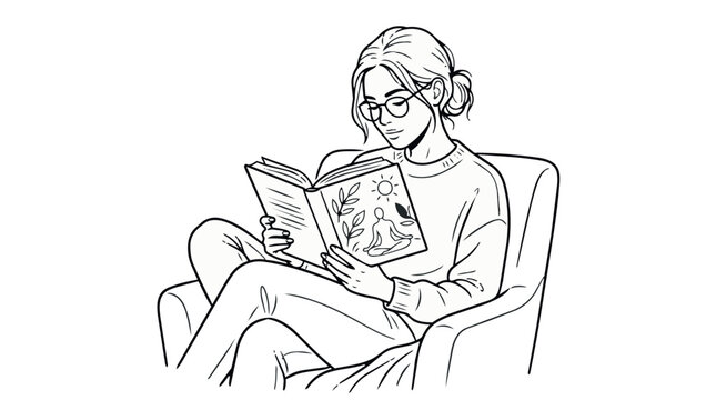 Woman reading a book about self care and well being in a comfortable chair