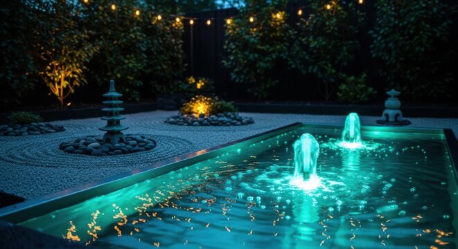 Serene Zen Garden With Tranquil Water Features And Subtle Evening Ambiance Illuminated