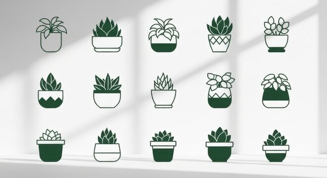 Set Of Potted House Plants In Minimalist Green Line Art Style