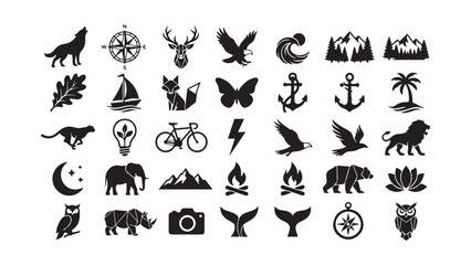 Fototapeta premium Large Collection of Black Silhouette Icons Featuring Animals Nature and Objects