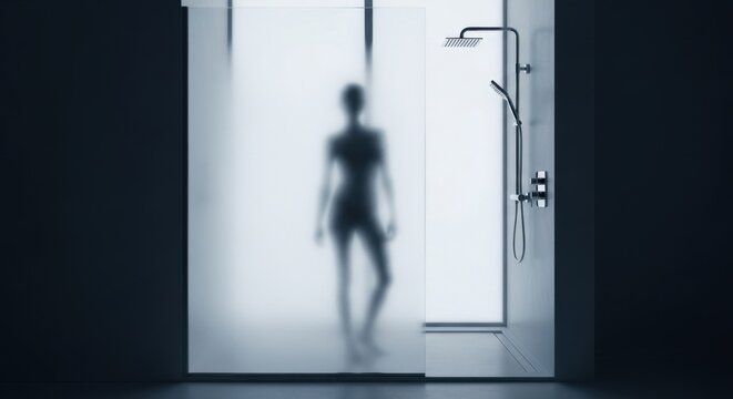 Silhouette Of A Woman Behind Frosted Glass Shower Door