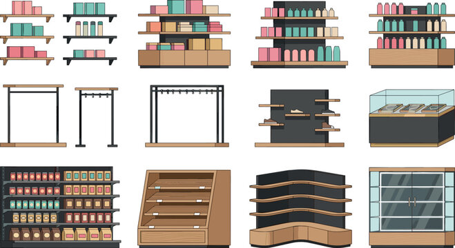 Supermarket store shelves and display racks vector collection featuring grocery counter product shelves and clothing hangers.