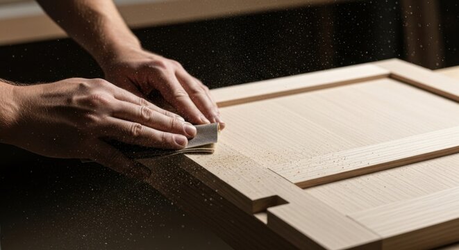 Skilled Hands Sanding Wood Cabinet Door For A Smooth Finish
