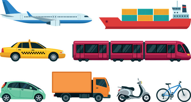 Transportation and logistics vector vehicle collection featuring airplane cargo ship passenger train truck and taxi car.