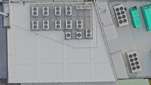 Aerial top-down view of modern rooftop air conditioning units